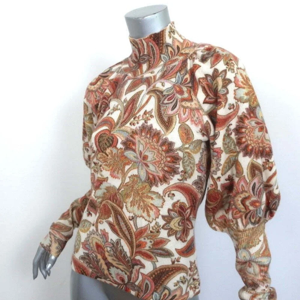 Zimmermann Blouson Sleeve Turtleneck Sweater Lucky Cream Paisley Print Size 1 - Picture 2 of 6